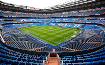 Bernabeu Stadium empty seating and field, home of Real Madrid CF, Madrid, Spain.
