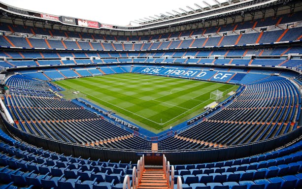 Bernabeu Stadium empty seating and field, home of Real Madrid CF, Madrid, Spain.