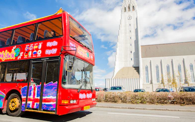 Reykjavik Hop-On Hop-Off bus near Hallgrímskirkja church.
