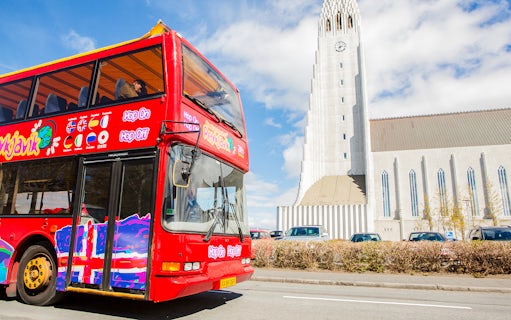 Reykjavik Hop-On Hop-Off bus near Hallgrímskirkja church.