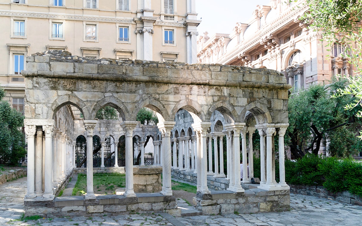 Ancient stone arches at Casa di Colombo in Genoa, Italy.
