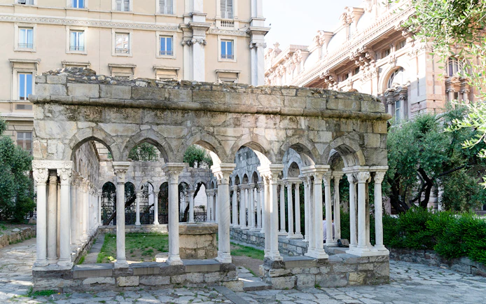 Ancient stone arches at Casa di Colombo in Genoa, Italy.