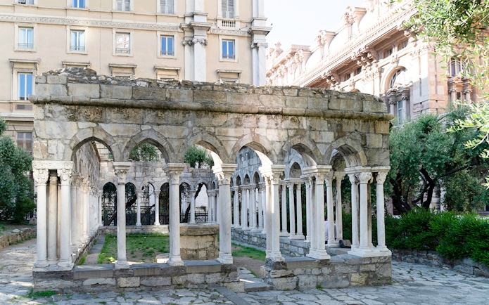 Ancient stone arches at Casa di Colombo in Genoa, Italy.