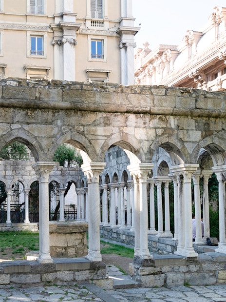 Ancient stone arches at Casa di Colombo in Genoa, Italy.