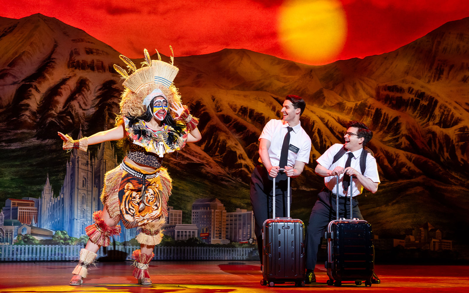 Stage performance of The Book of Mormon in Sydney with actors in costume.