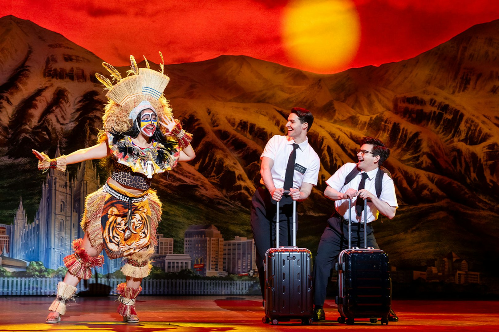 Stage performance of The Book of Mormon in Sydney with actors in costume.