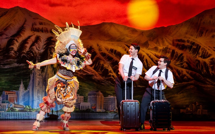 Stage performance of The Book of Mormon in Sydney with actors in costume.
