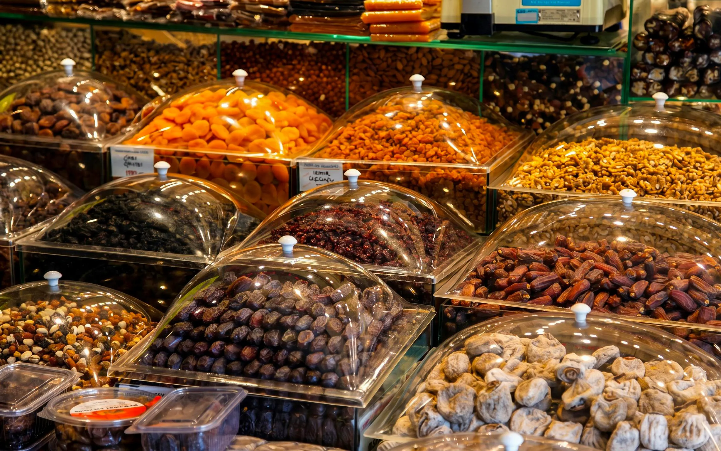 Dried fruits and nuts displayed at a market stall in Istanbul.