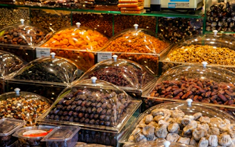 Dried fruits and nuts displayed at a market stall in Istanbul.