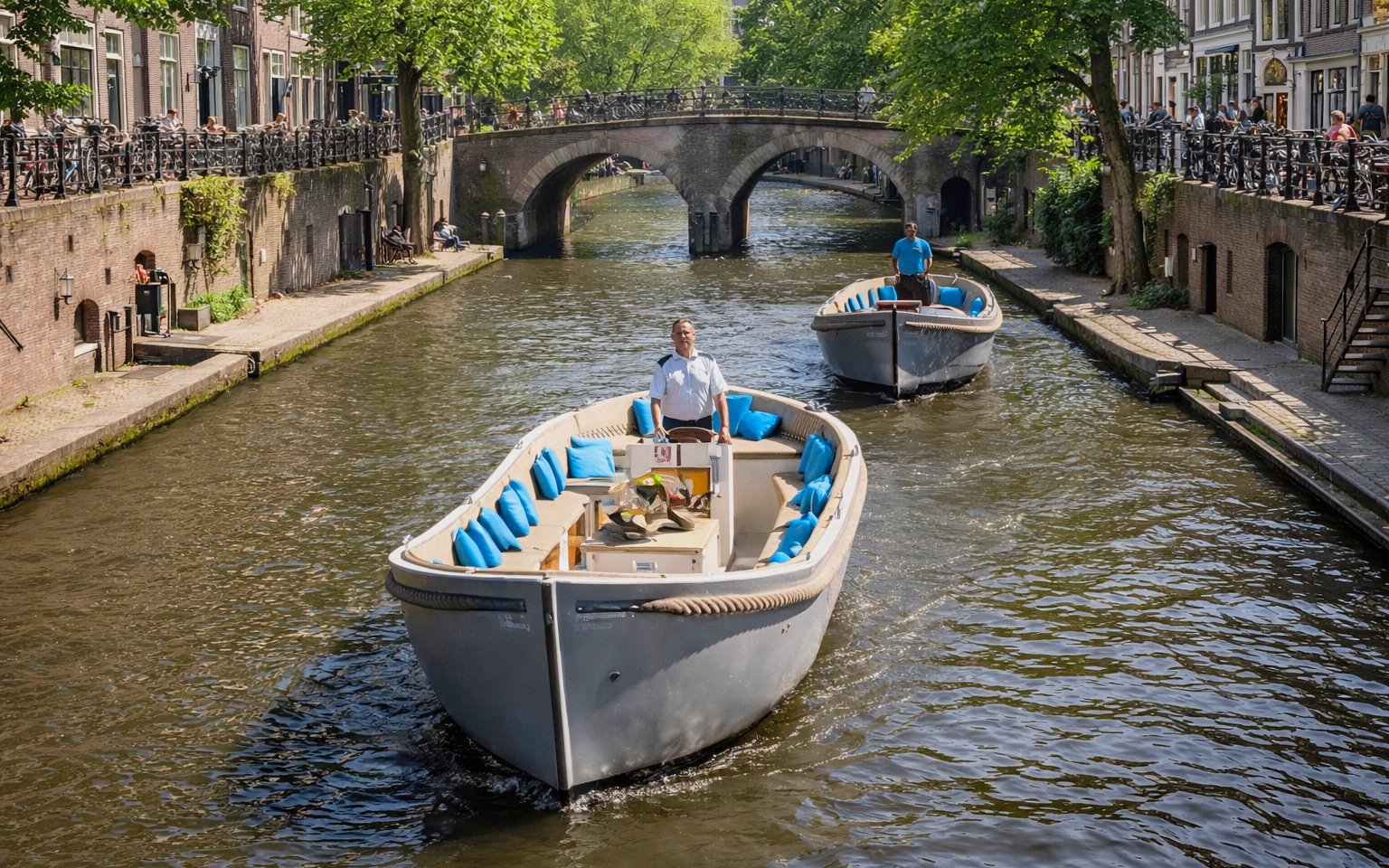 Open boat cruising through Utrecht canal under a stone bridge.