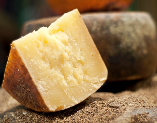 Pecorino Romano cheese wheels aging in an Italian cellar.