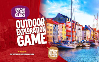 Colorful buildings and boats along Nyhavn canal in Copenhagen for self-guided city exploration game.
