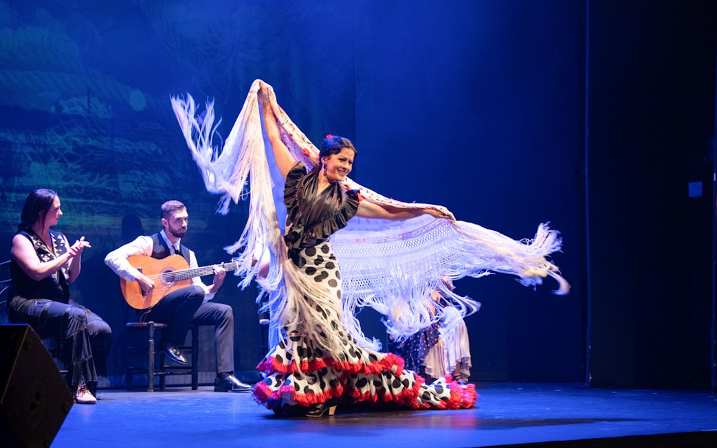 Flamenco dancer performing with musicians at Teatro Flamenco Barcelona.