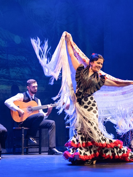 Flamenco dancer performing with musicians at Teatro Flamenco Barcelona.