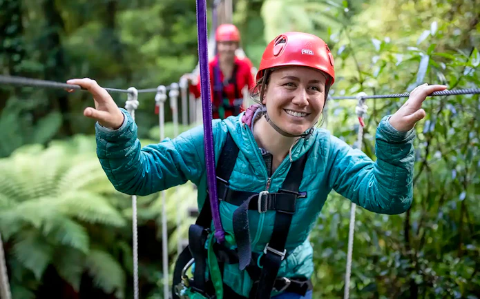 Person enjoying a zipline adventure in Rotorua Forest, New Zealand.