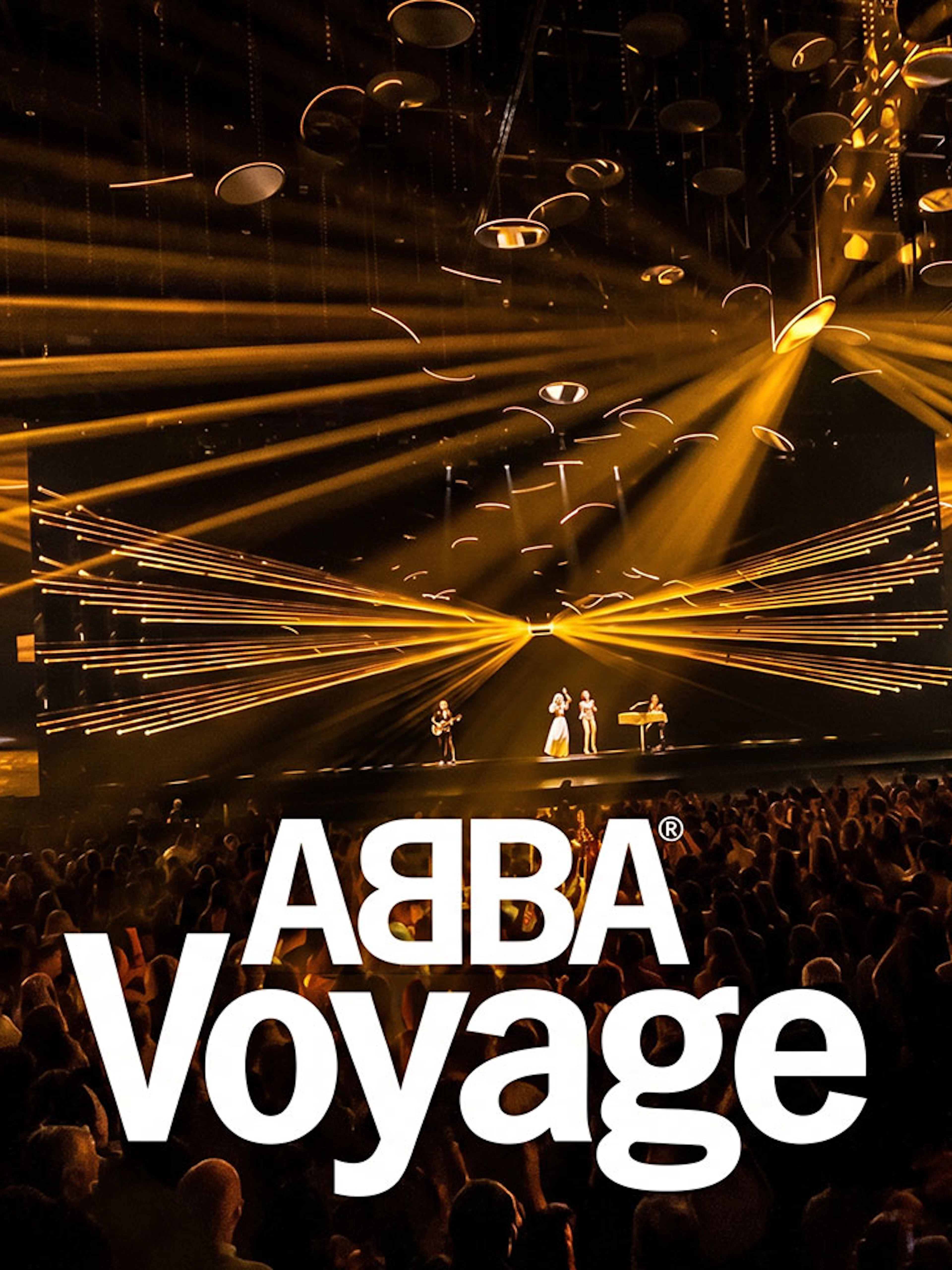 ABBA Voyage Westend show with vibrant stage lights and audience.