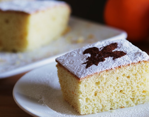 Schiacciata alla Fiorentina cake slice with powdered sugar and cocoa design.