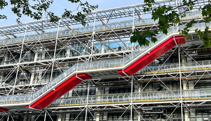 View of the unique high-tech architecture of Centre Pompidou in Paris, a popular tourist attraction featuring modern art exhibitions