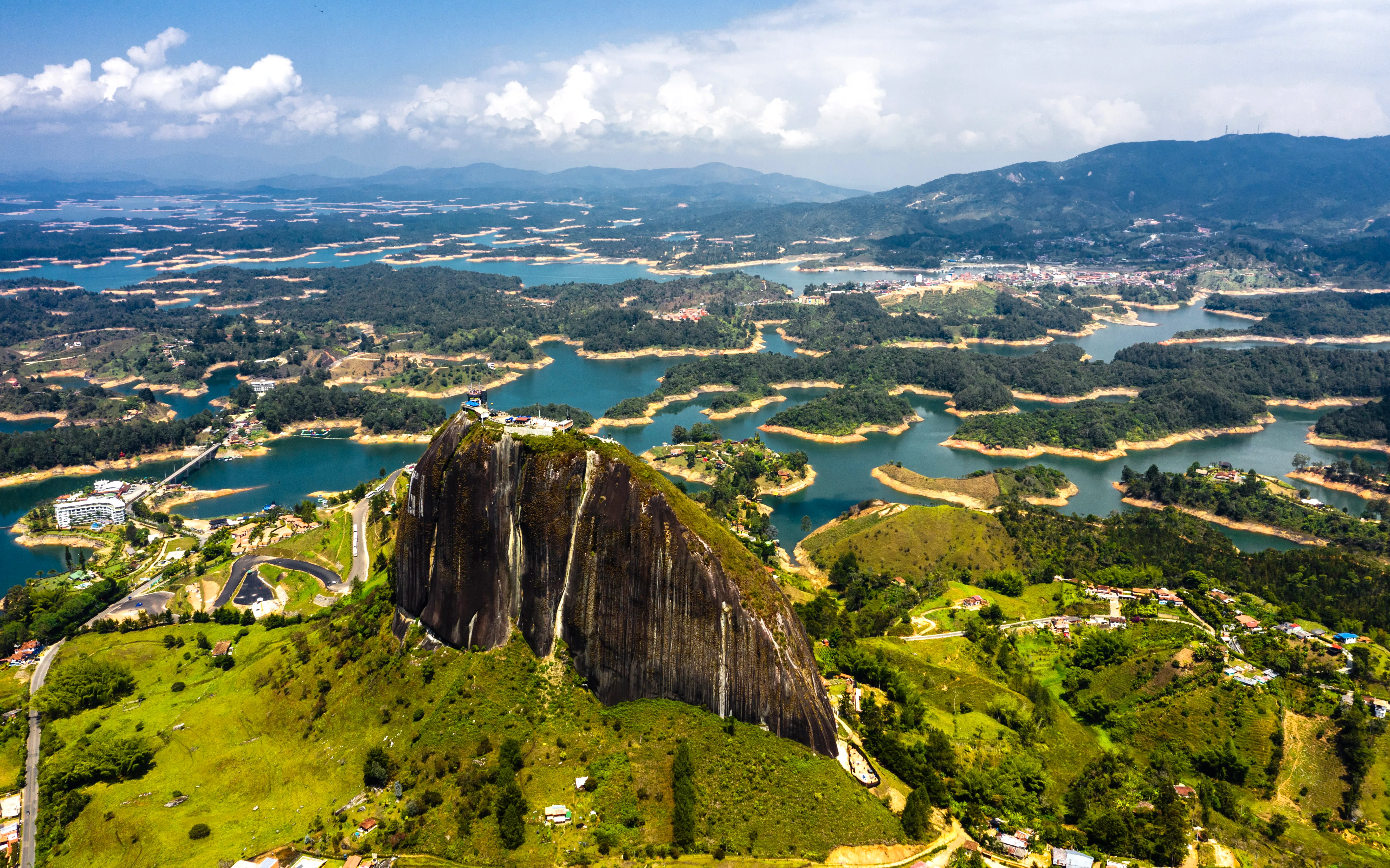 Aerial view of the Rock of Guatape and surrounding lakes, Piedra Del Penol, Colombia.