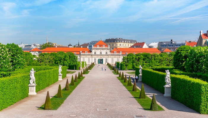 Lower Belvedere palace with manicured gardens in Vienna, Austria.