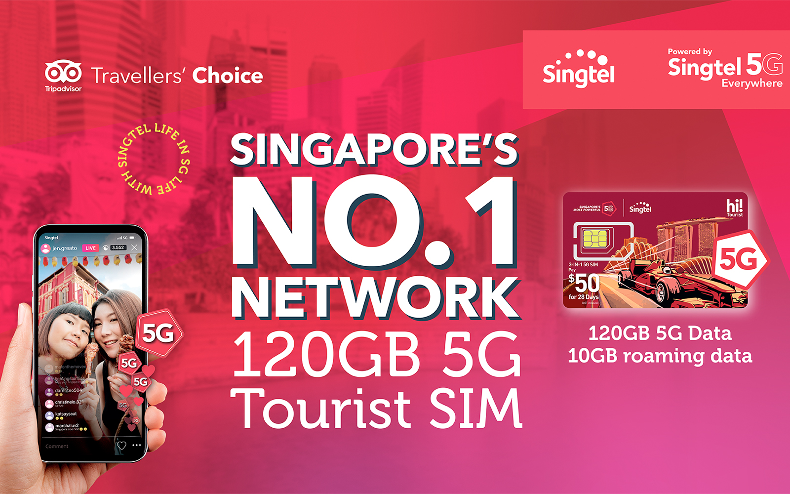 Singtel 5G Tourist SIM card with 120GB data offer in Singapore.