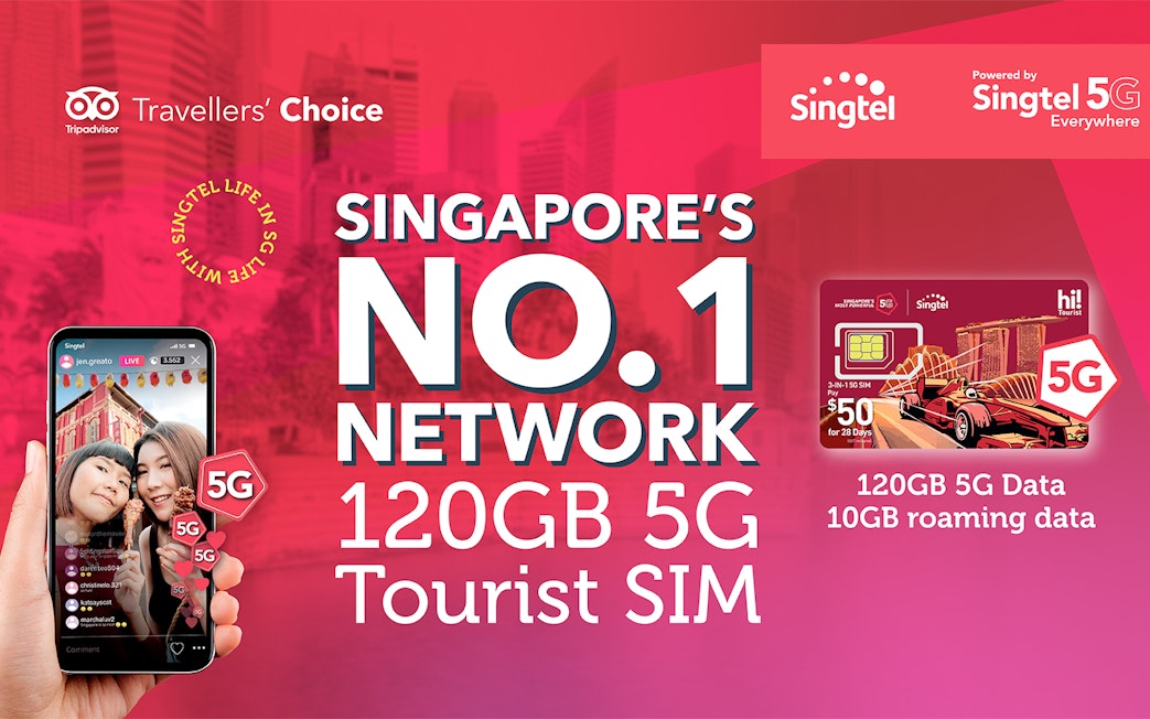 Singtel 5G Tourist SIM card with 120GB data offer in Singapore.