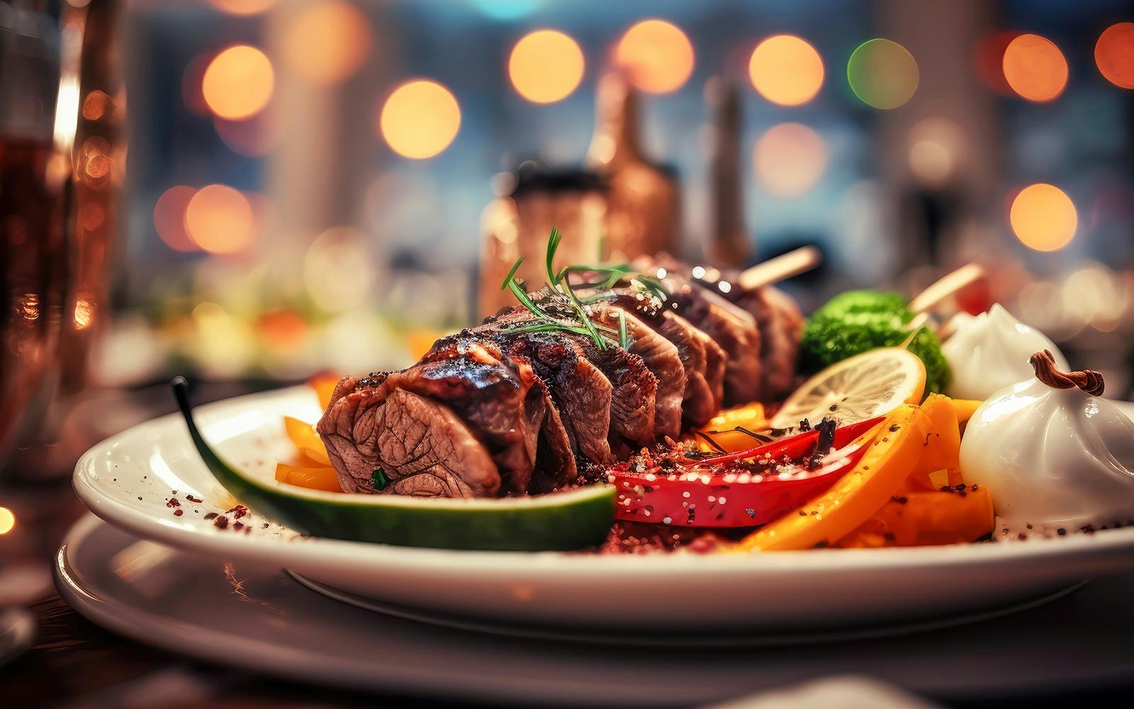 Grilled meat skewers with vegetables and lemon slices on a plate.
