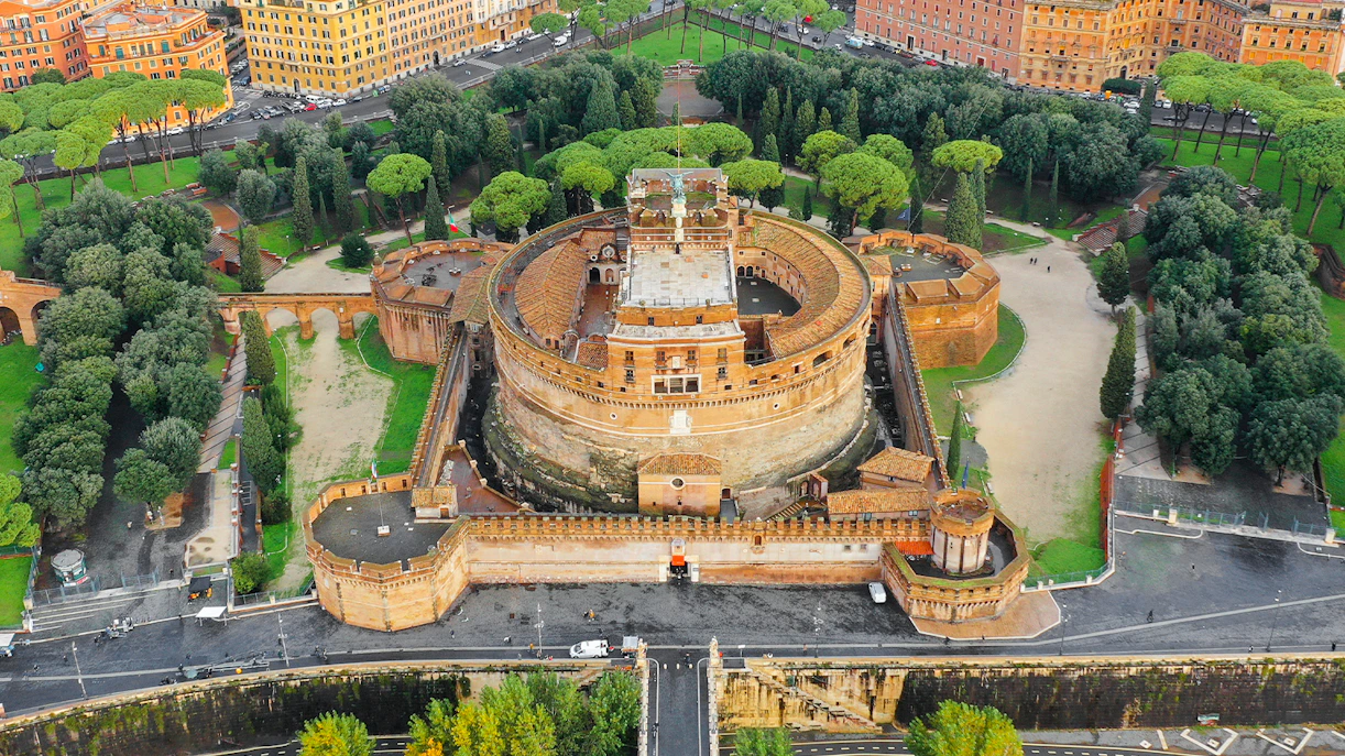 Aerial view of Castel Sant'Angelo and Ponte Sant'Angelo in Rome, Italy.