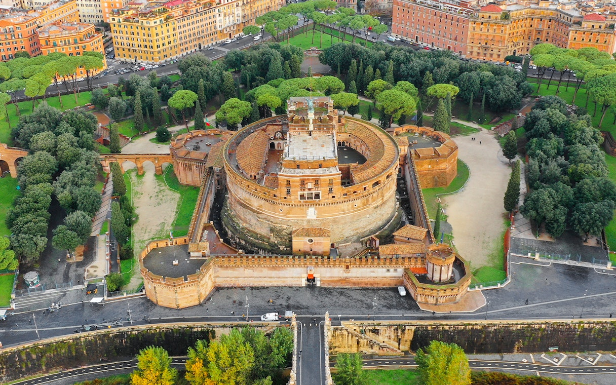 Aerial view of Castel Sant'Angelo and Ponte Sant'Angelo in Rome, Italy.