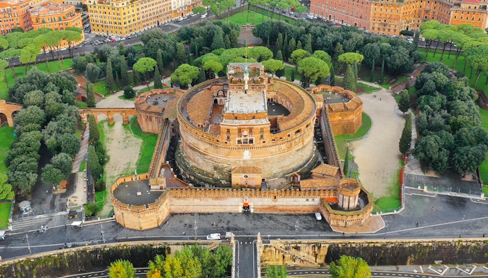 Aerial view of Castel Sant'Angelo and Ponte Sant'Angelo in Rome, Italy.
