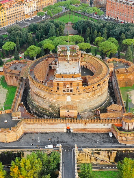 Aerial view of Castel Sant'Angelo and Ponte Sant'Angelo in Rome, Italy.