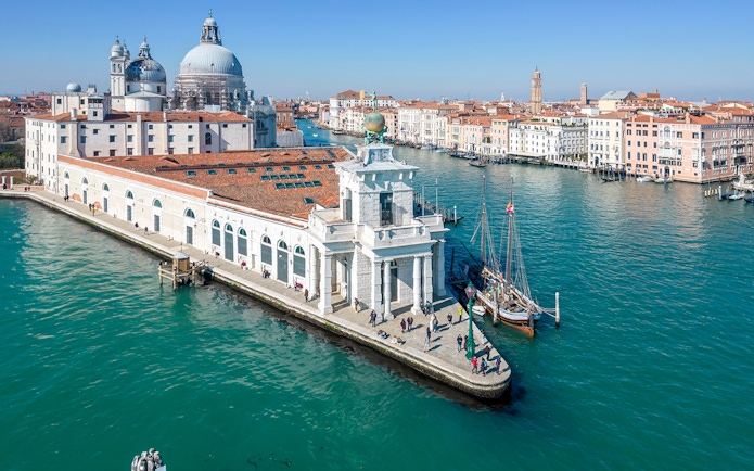Aerial view of Punta della Dogana near Fortuny Museum, Venice.