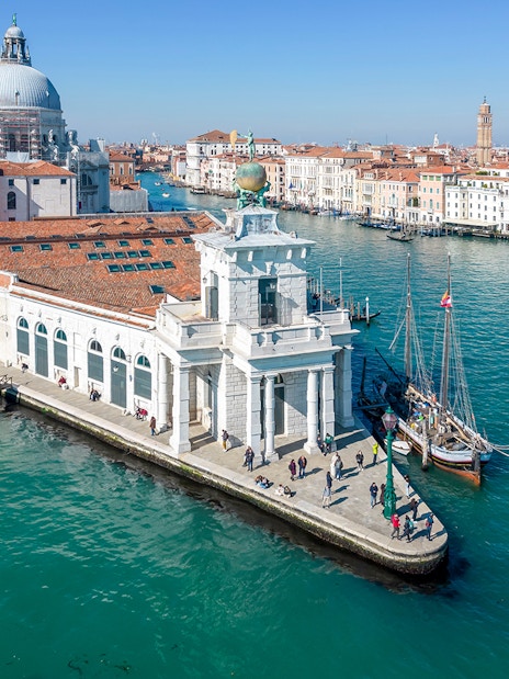 Aerial view of Punta della Dogana near Fortuny Museum, Venice.