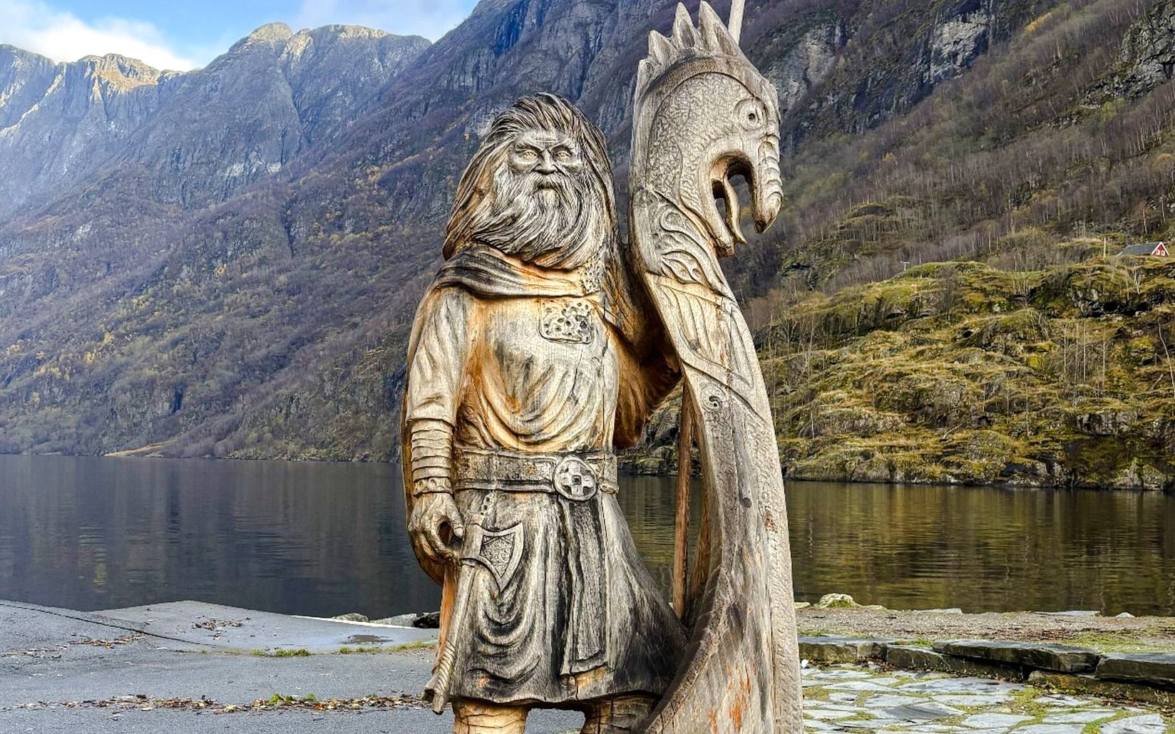 Gudvangen Viking statue by fjord in Vikings Village, Norway.