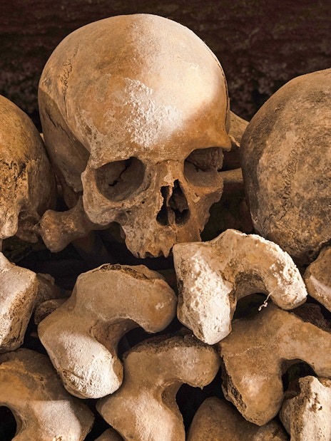 Skulls and bones stacked in the Paris Catacombs.