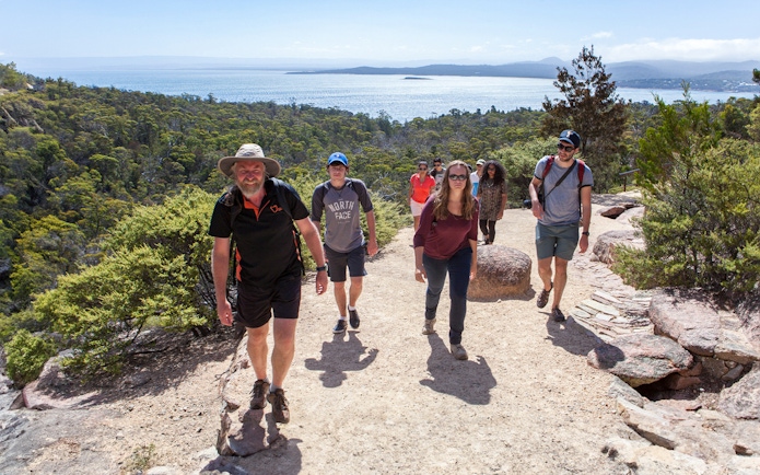 Group hiking on a trail with views of Wineglass Bay, Tasmania.