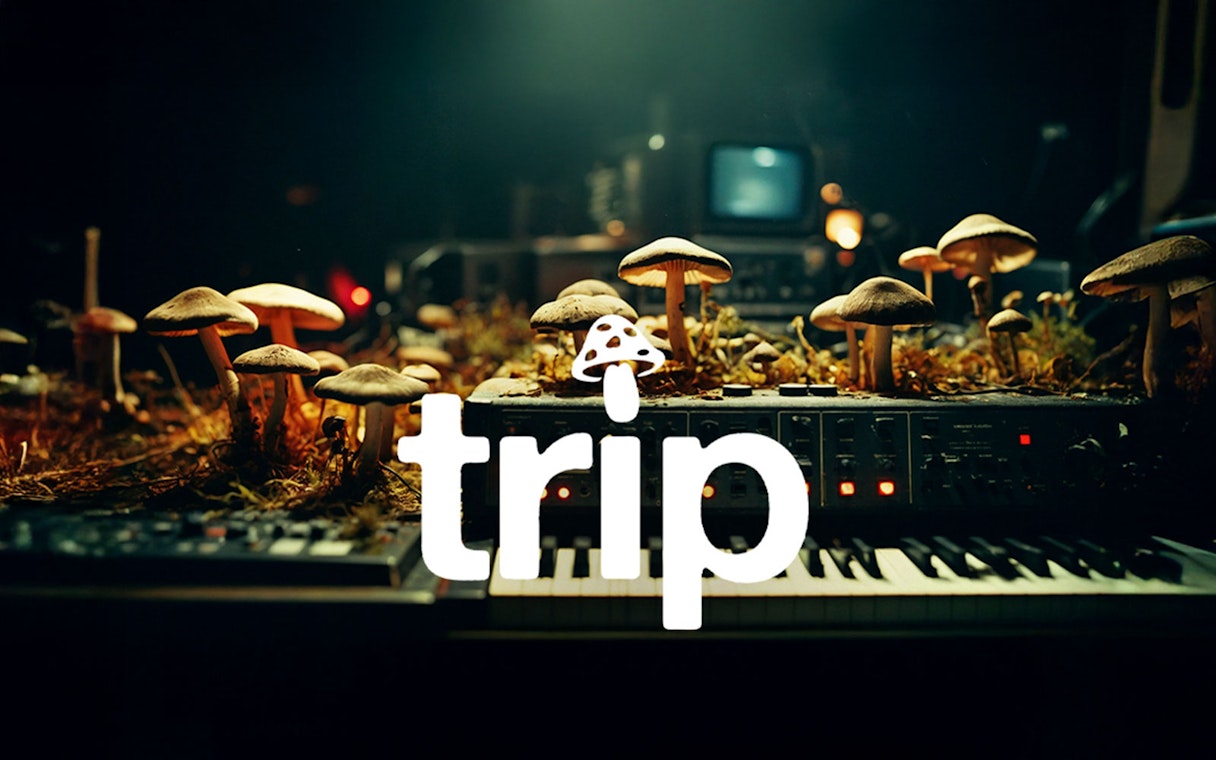 Keyboard with mushrooms and "trip" logo at Club Chinois event.