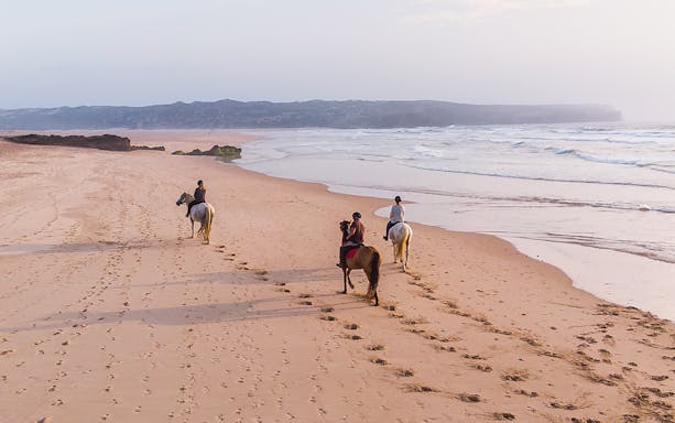 Horse riding along the scenic coastline of Carrapateira, Portugal.