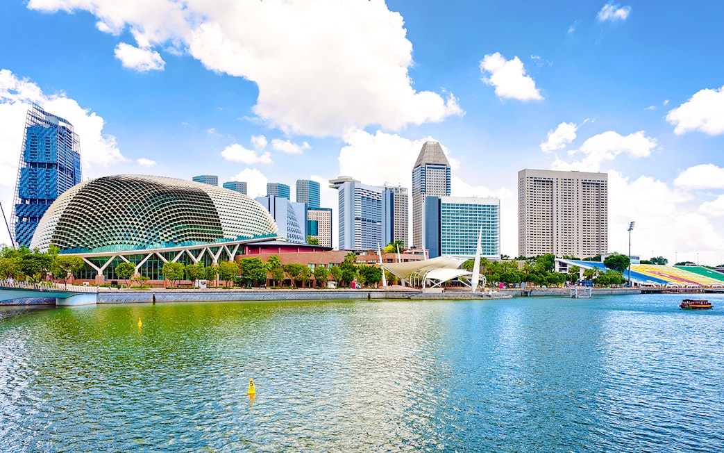 Esplanade Theatres by the Bay with Singapore skyline in the background.