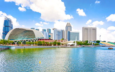 Esplanade Theatres by the Bay with Singapore skyline in the background.