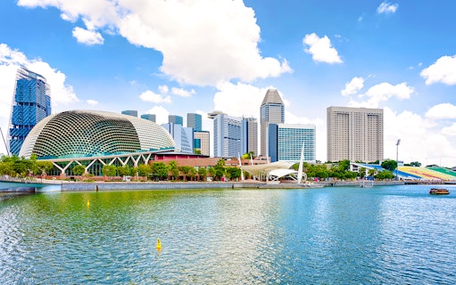Esplanade Theatres by the Bay with Singapore skyline in the background.