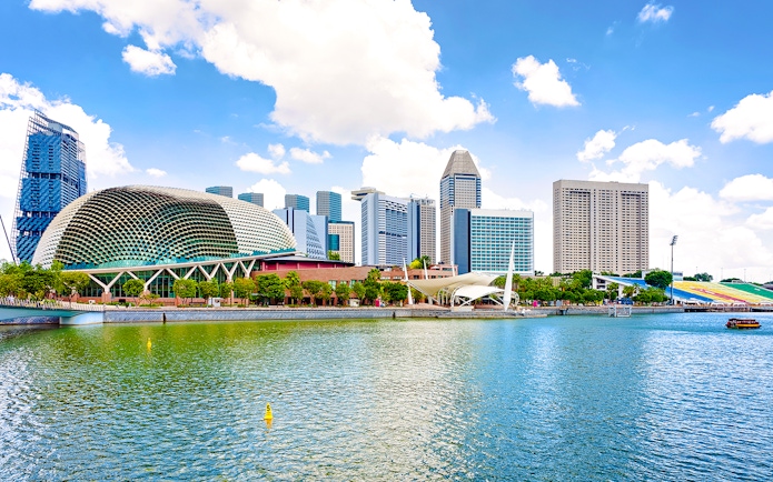 Esplanade Theatres by the Bay with Singapore skyline in the background.