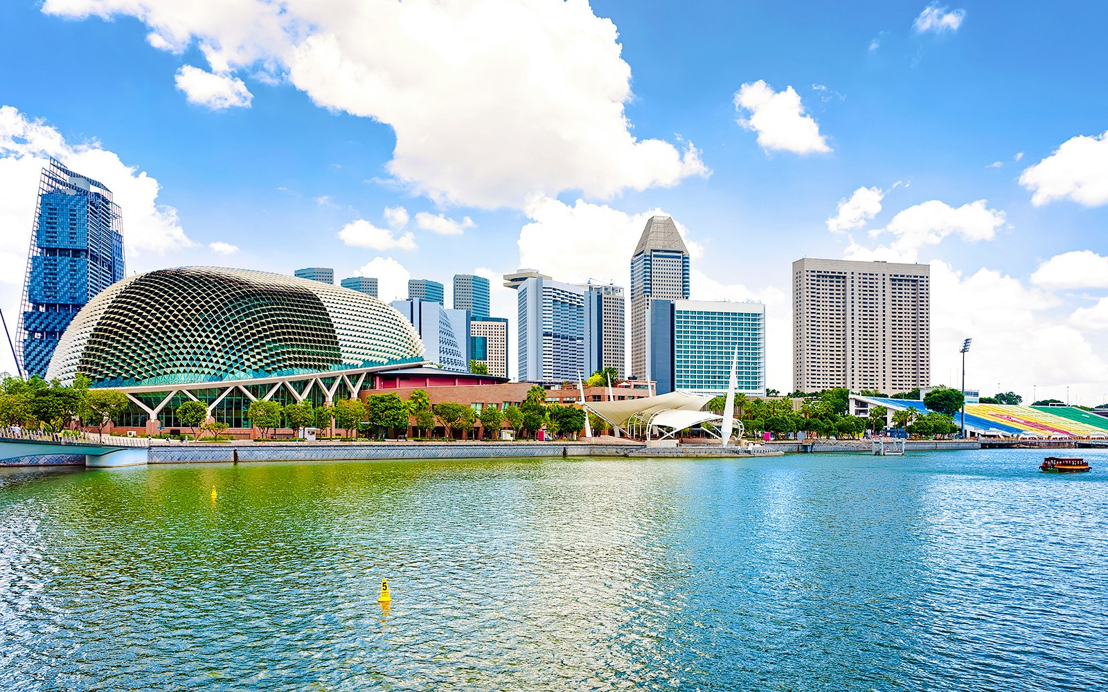 Esplanade Theatres by the Bay with Singapore skyline in the background.