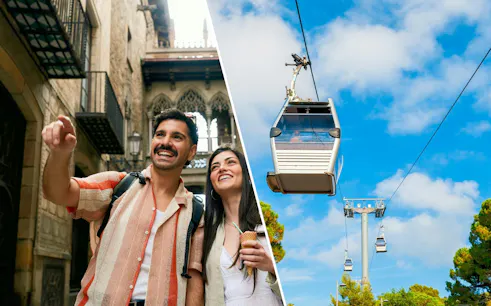 Tourists in Barri Gòtic, Barcelona and cable cars in Montjuïc, Spain.