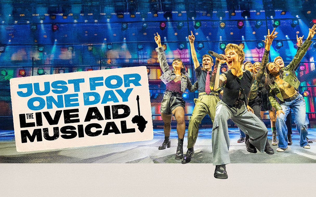 Just for One Day West End show poster with performers on stage.