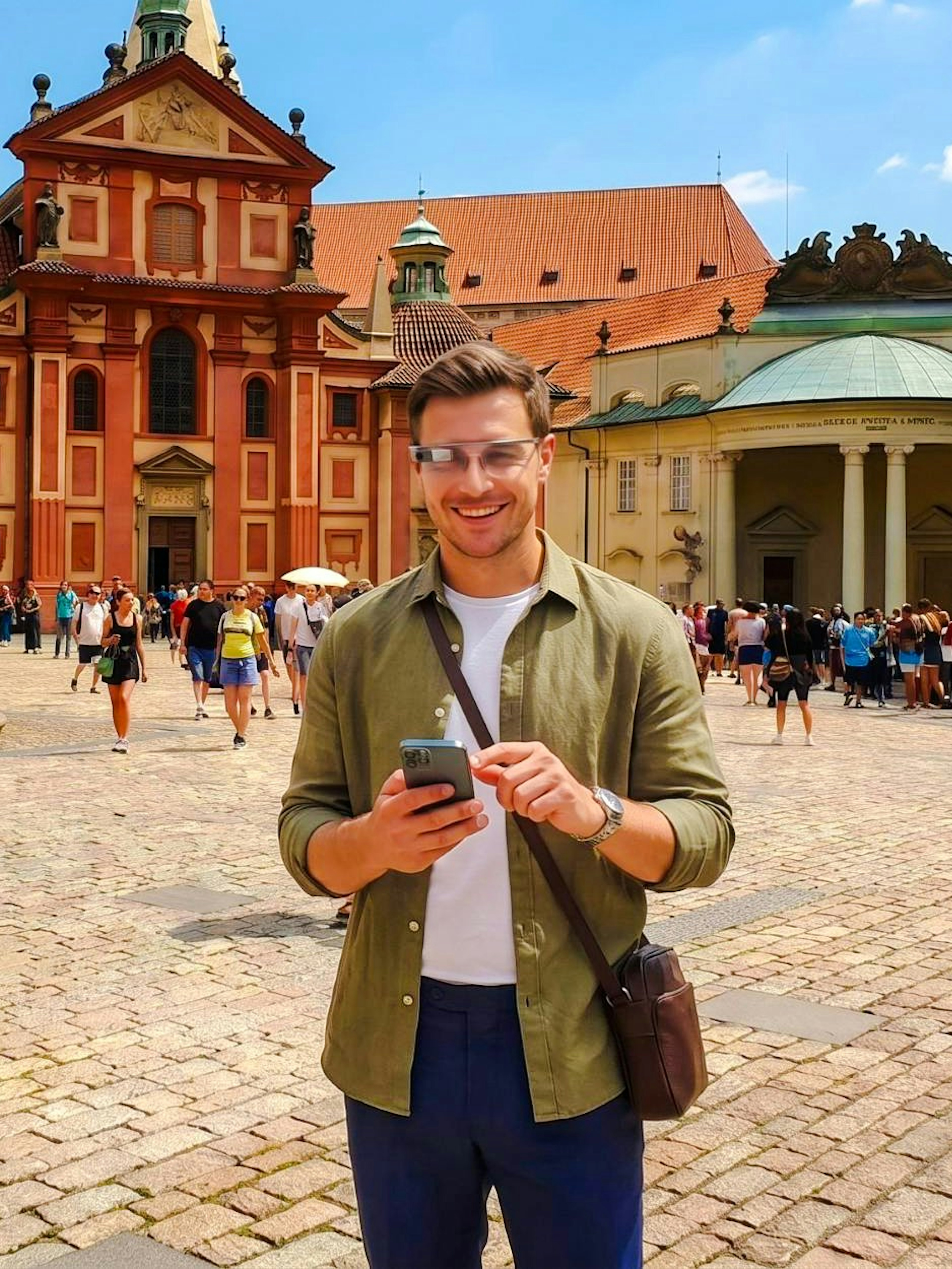 Guests using AR glasses at Prague Castle courtyard during Time Travel Tour.