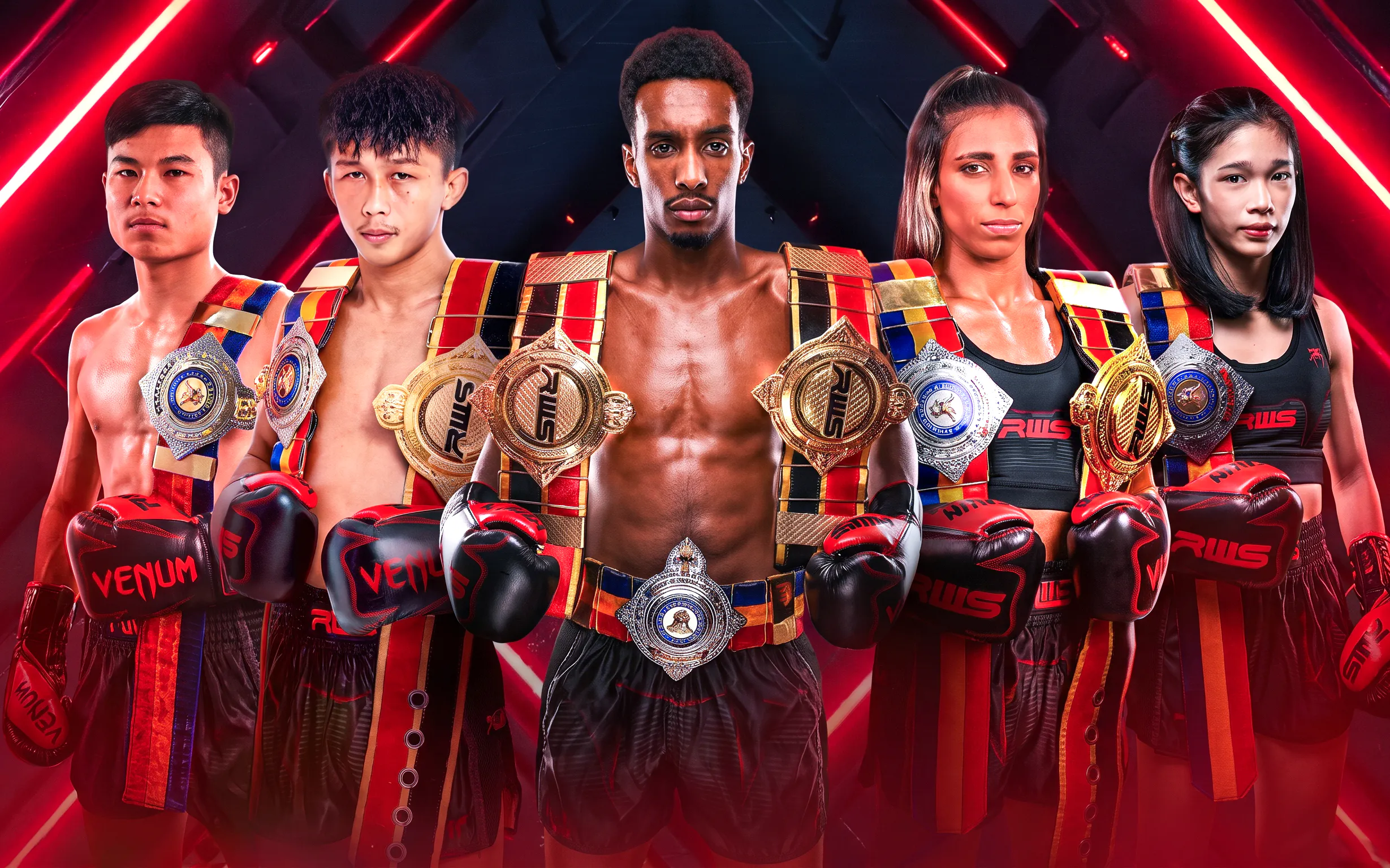 Champions with belts and gloves at Rajadamnern Stadium.