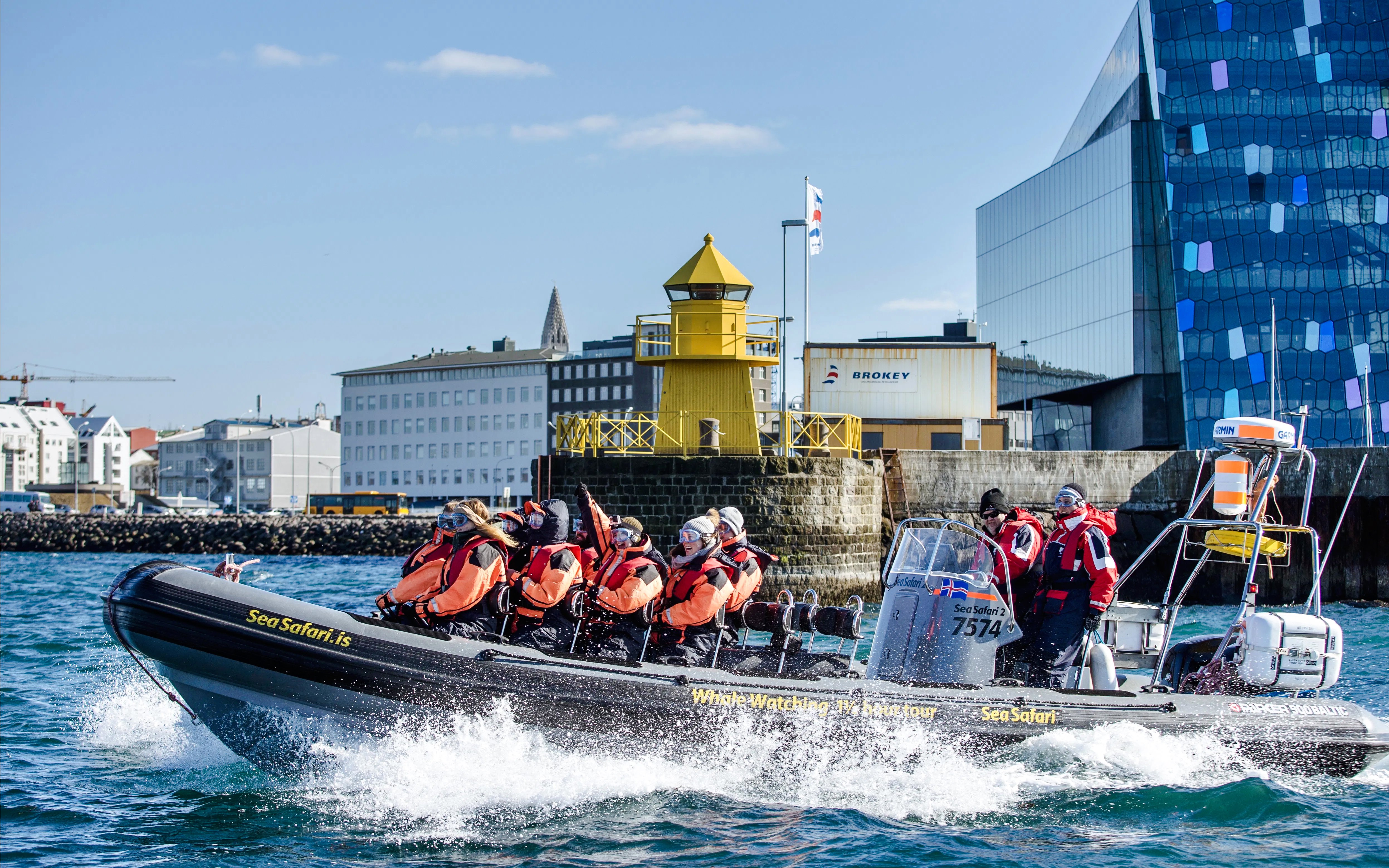 Guests on RIB speedboat for whale watching and puffin tour departing Reykjavik harbor.