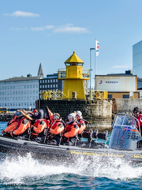Guests on RIB speedboat for whale watching and puffin tour departing Reykjavik harbor.