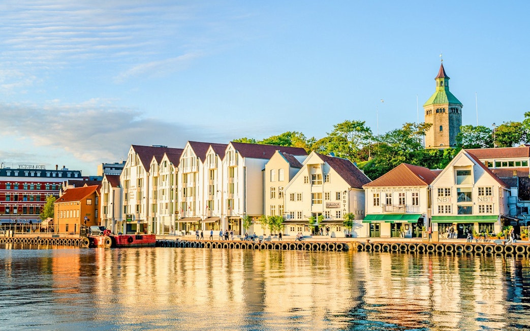 Valberg Tower and waterfront buildings viewed from a cruise in Stavanger, Norway.